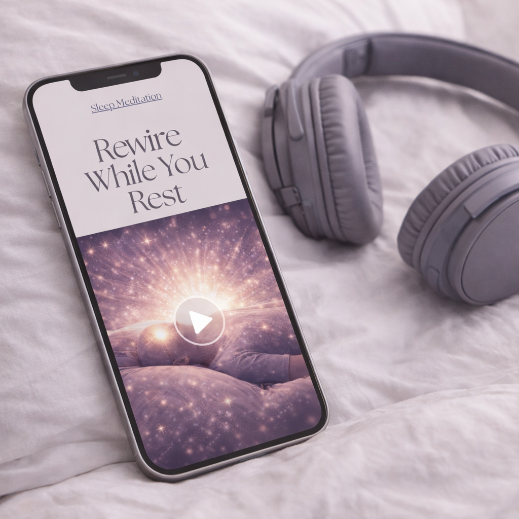 Phone with meditation app on a bed next to headphones