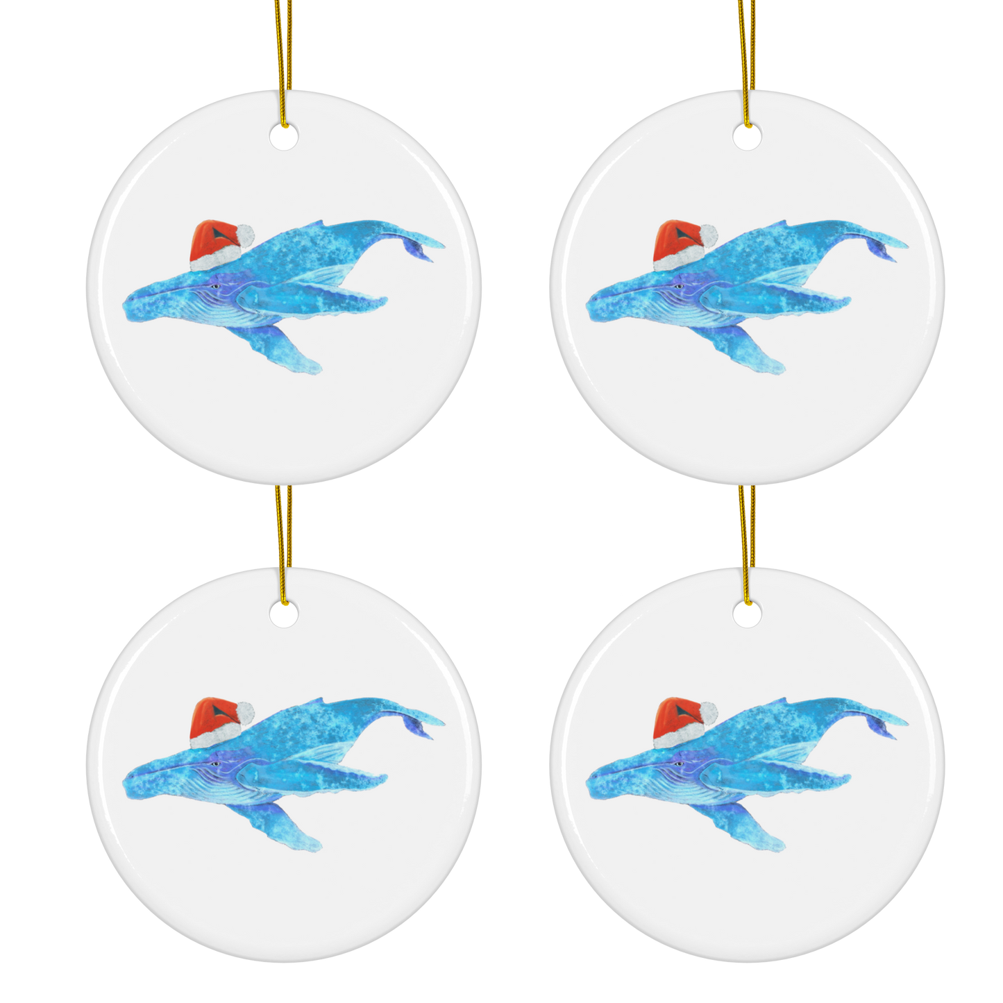 Beautiful Maui Humpback Whale in Santa Hat Ornaments – Set of 4