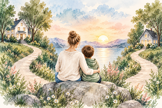 Watercolor illustration representing parallel parenting, protecting your peace, and raising children between two separate homes.