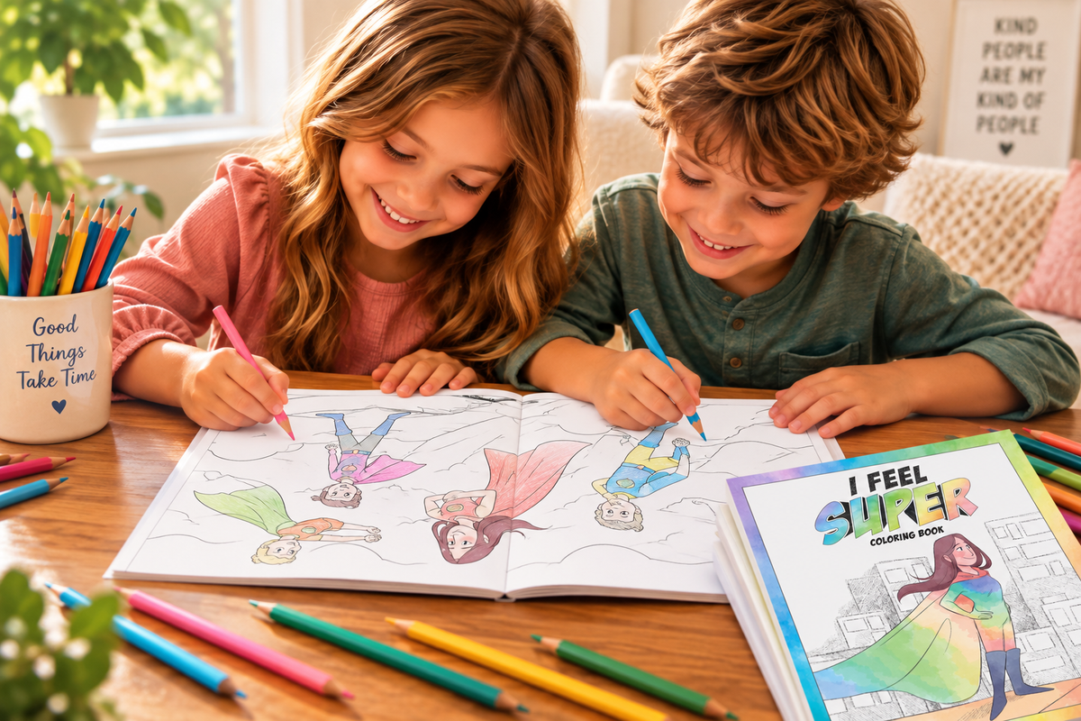 Two children sitting at a wooden table coloring in a book with colored pencils. An open coloring book, a cup of colored pencils, and a closed coloring book titled 'I FEEL SUPER' are visible on the table in a bright, cozy room.