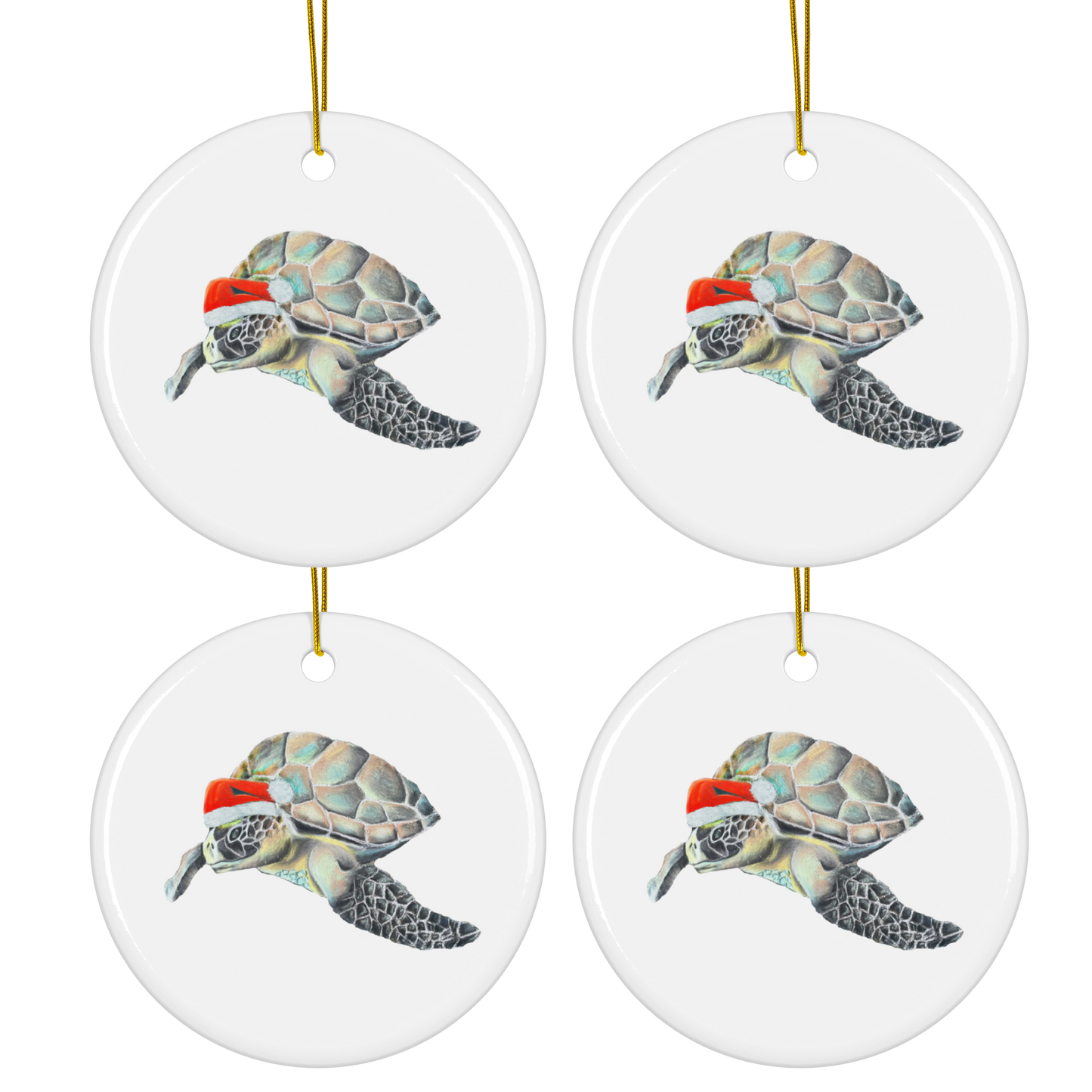 Beautiful Maui Sea Turtle in Santa Hat Ornaments – Set of 4