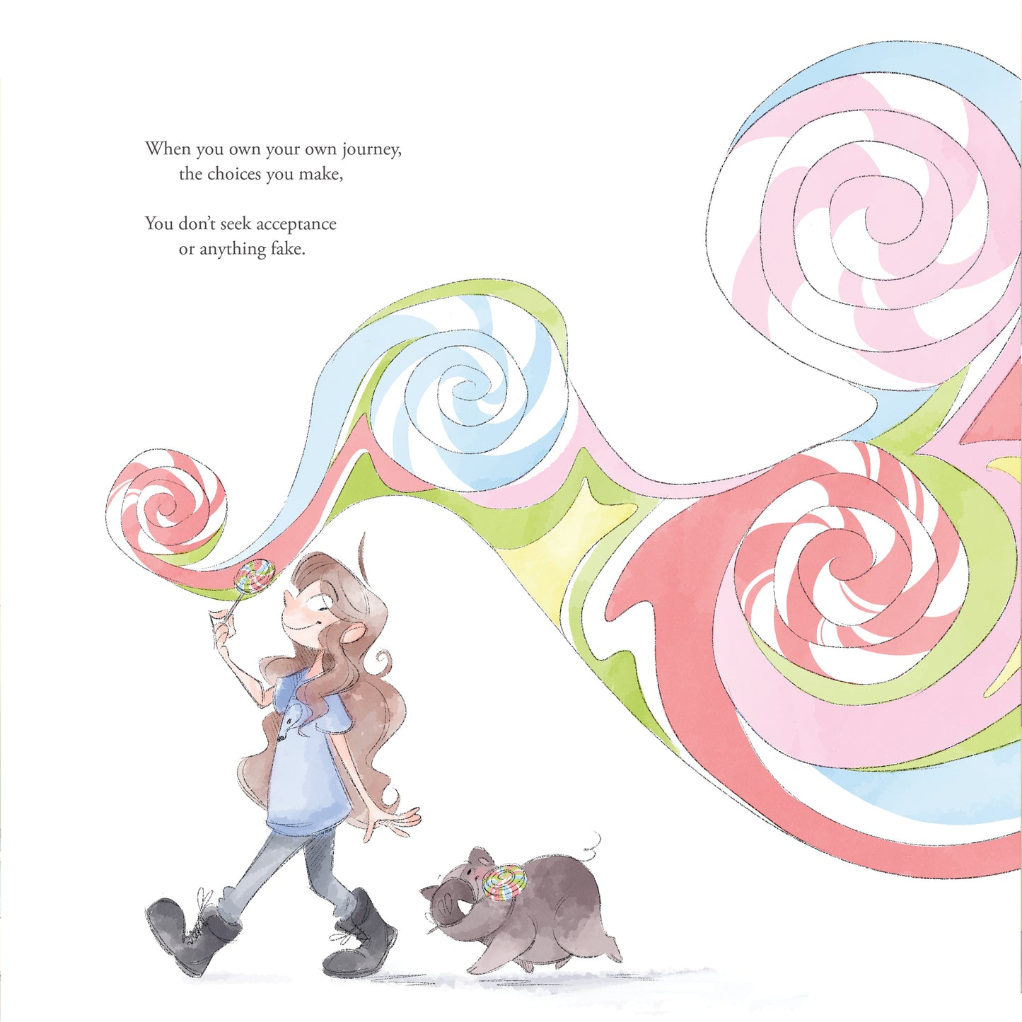 Illustration of a girl with a dog holding colorful swirls with text about owning one's journey.