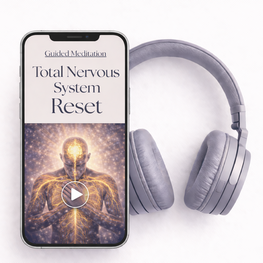 Smartphone displaying a total nervous system reset guided meditation with headphones on a white background