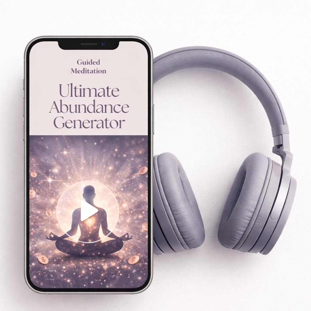 Smartphone displaying 'Ultimate Abundance Generator' app with headphones on a white background