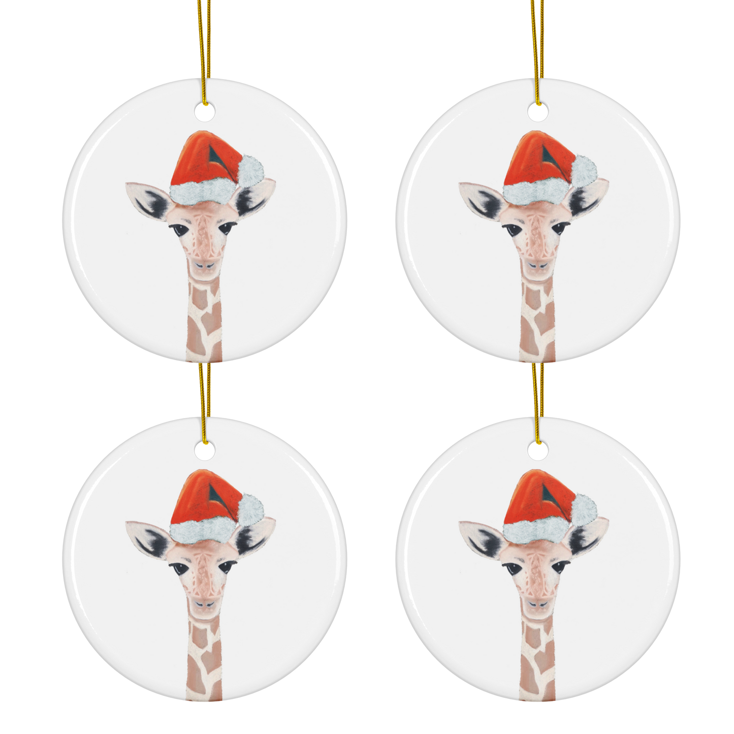 Adorable Baby Giraffe in Santa Hat Ornaments - Set of 4