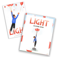 Two books titled 'LIGHT', one hardcover picture book with vibrant illustrations, and the other a paperback coloring book