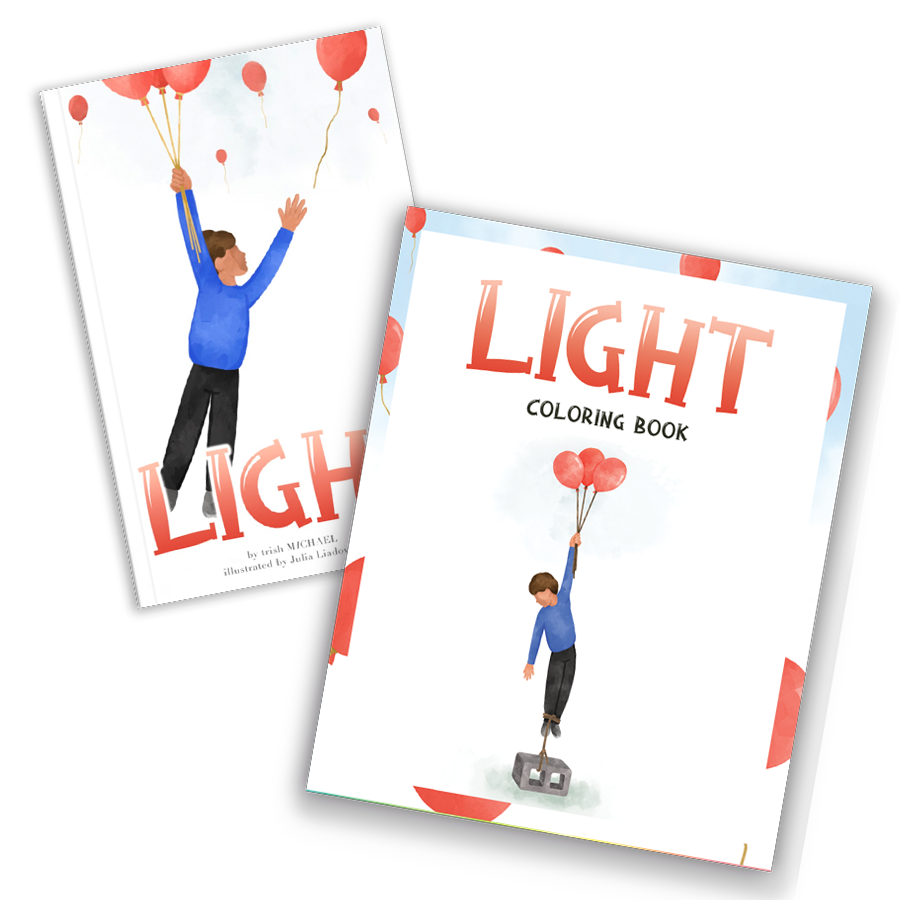 Two books titled 'LIGHT', one hardcover picture book with vibrant illustrations, and the other a paperback coloring book