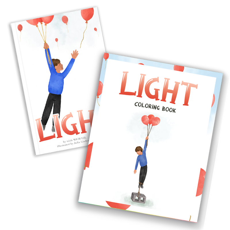 Two books titled 'LIGHT', one hardcover picture book with vibrant illustrations, and the other a paperback coloring book