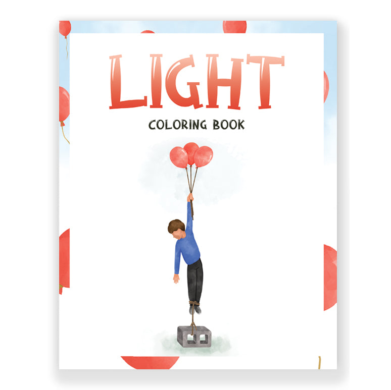 The cover of the 'LIGHT Coloring Book' featuring an illustration of a person joyfully holding balloons, with the title 'LIGHT Coloring Book' displayed prominently.