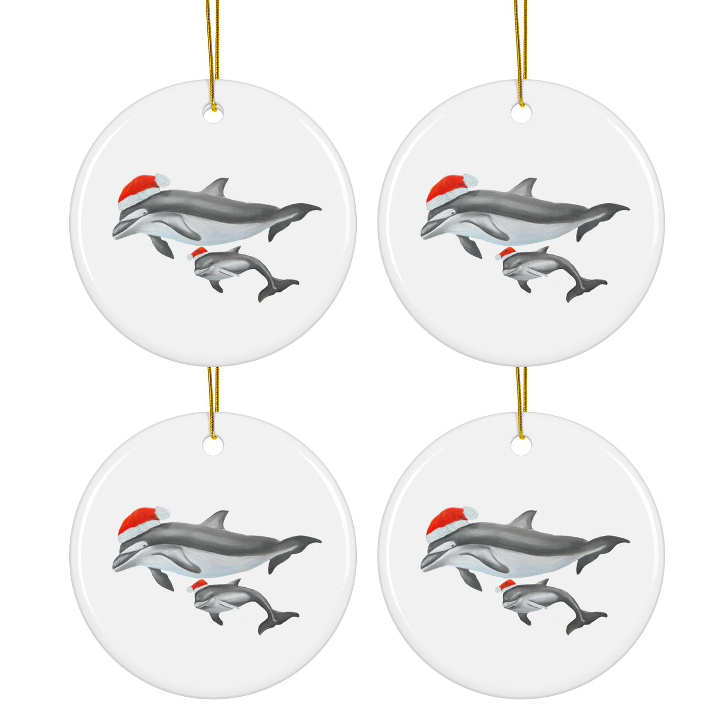 Beautiful Maui Dolphins in Santa Hat Ornaments - Set of 4