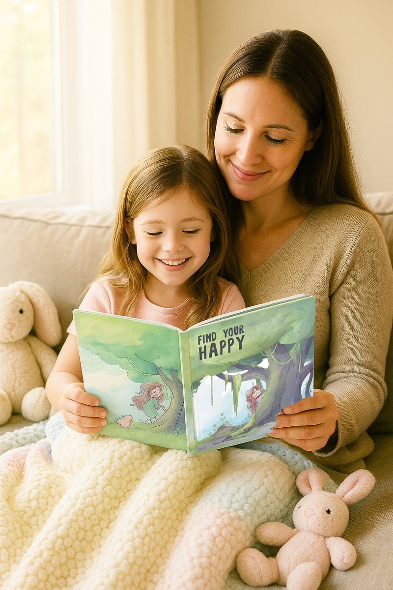mom and child reading healing children's book find your happy