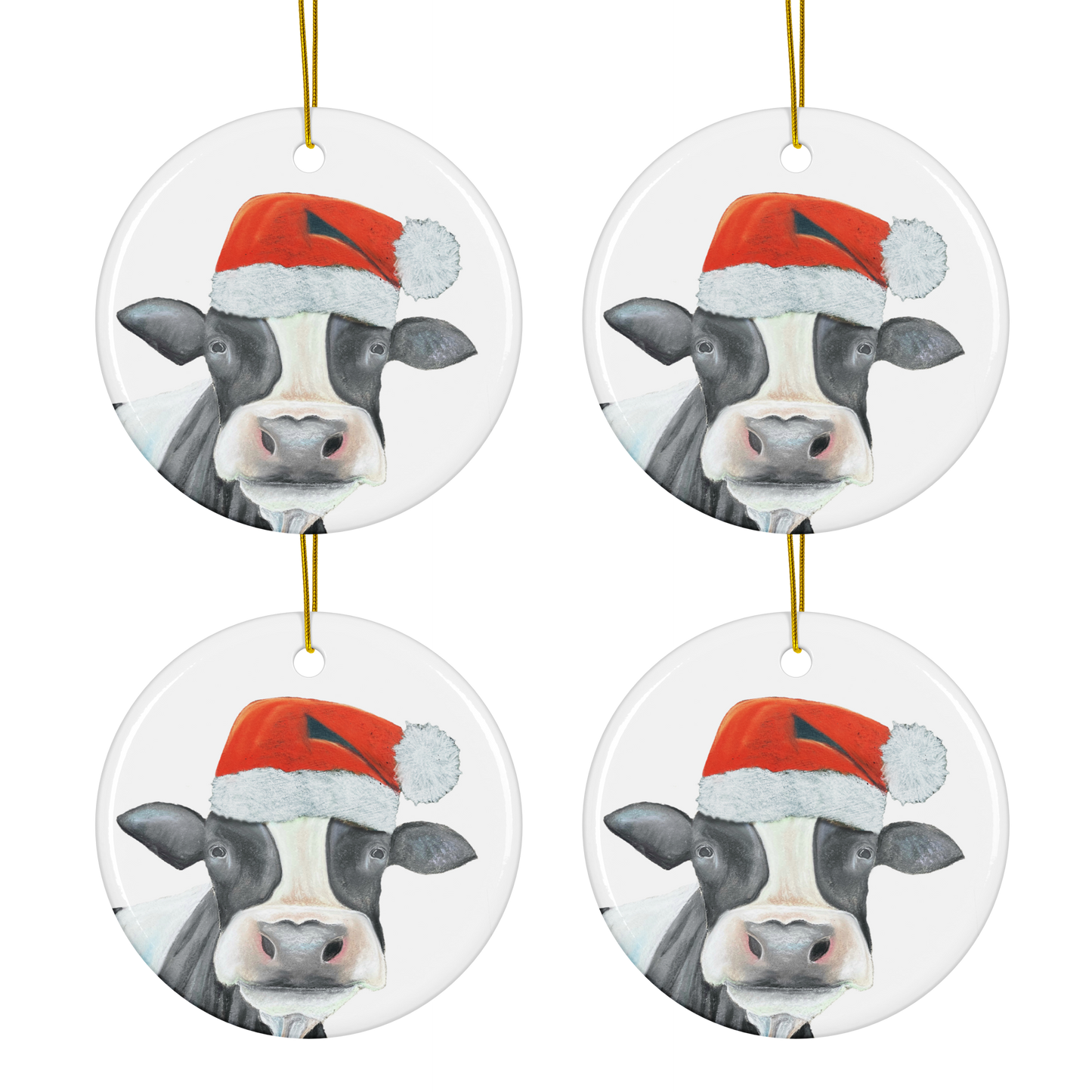 Festive Santa Hat Cow Ornaments – Set of 4