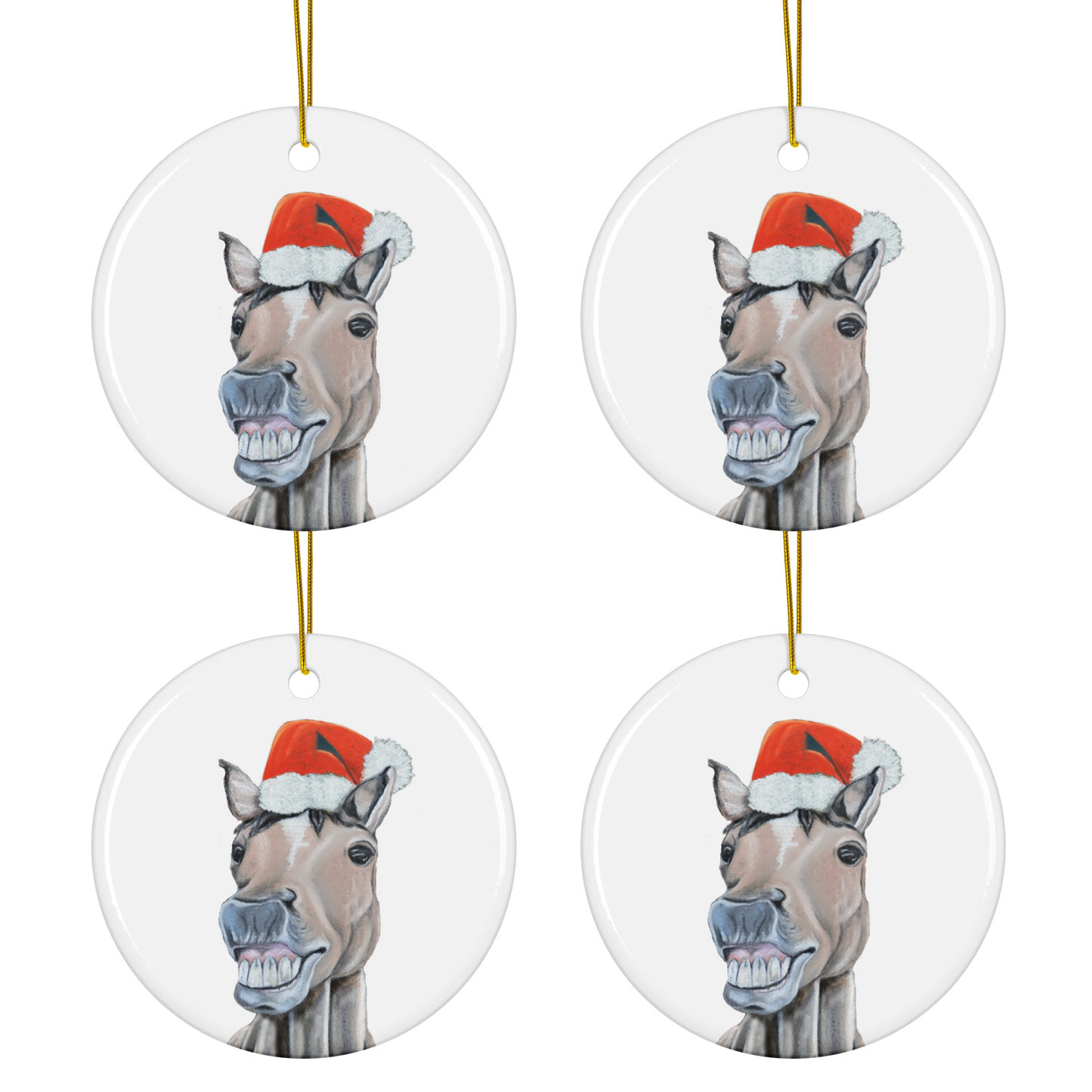 Smiling Horse Santa Hat Ornaments – Set of 4